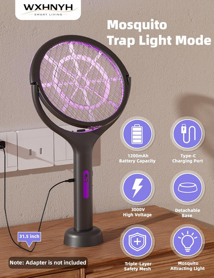 Electric Fly Swatter with Extendable Handle & Rotating Head, 3000V Rechargeable Bug Zapper Racket, 1200Mah Long Lasting, Reach Every Corner, Indoor Outdoor Mosquito Swatter